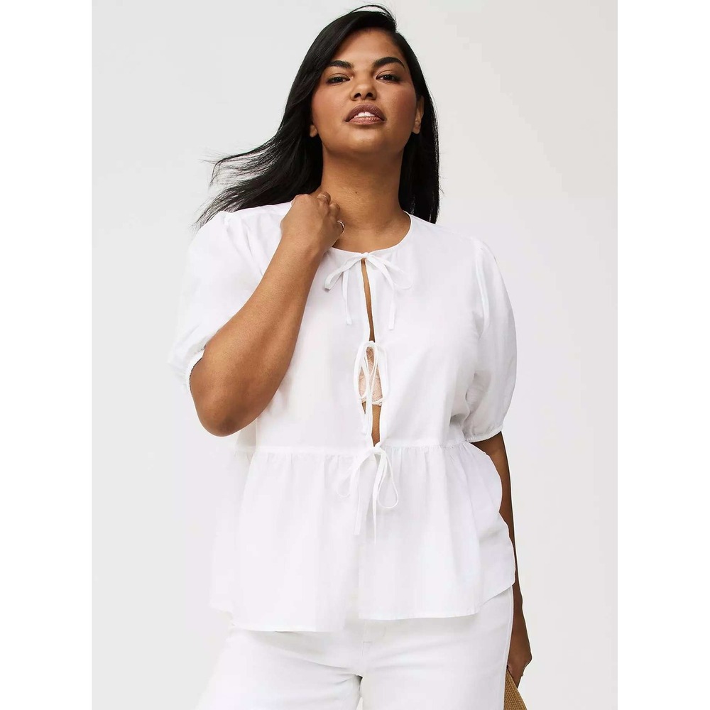 Torrid Cotton Puff Sleeve Tie Front Blouse Top White Women's Size 0 Large